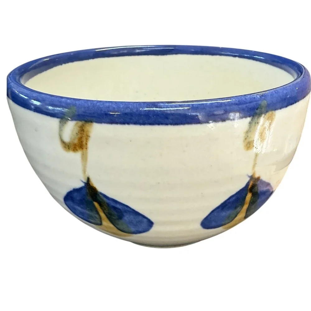 Hand Painted Studio Pottery Speckled Ceramic Bowl Blue‎ White Butterfly Motif